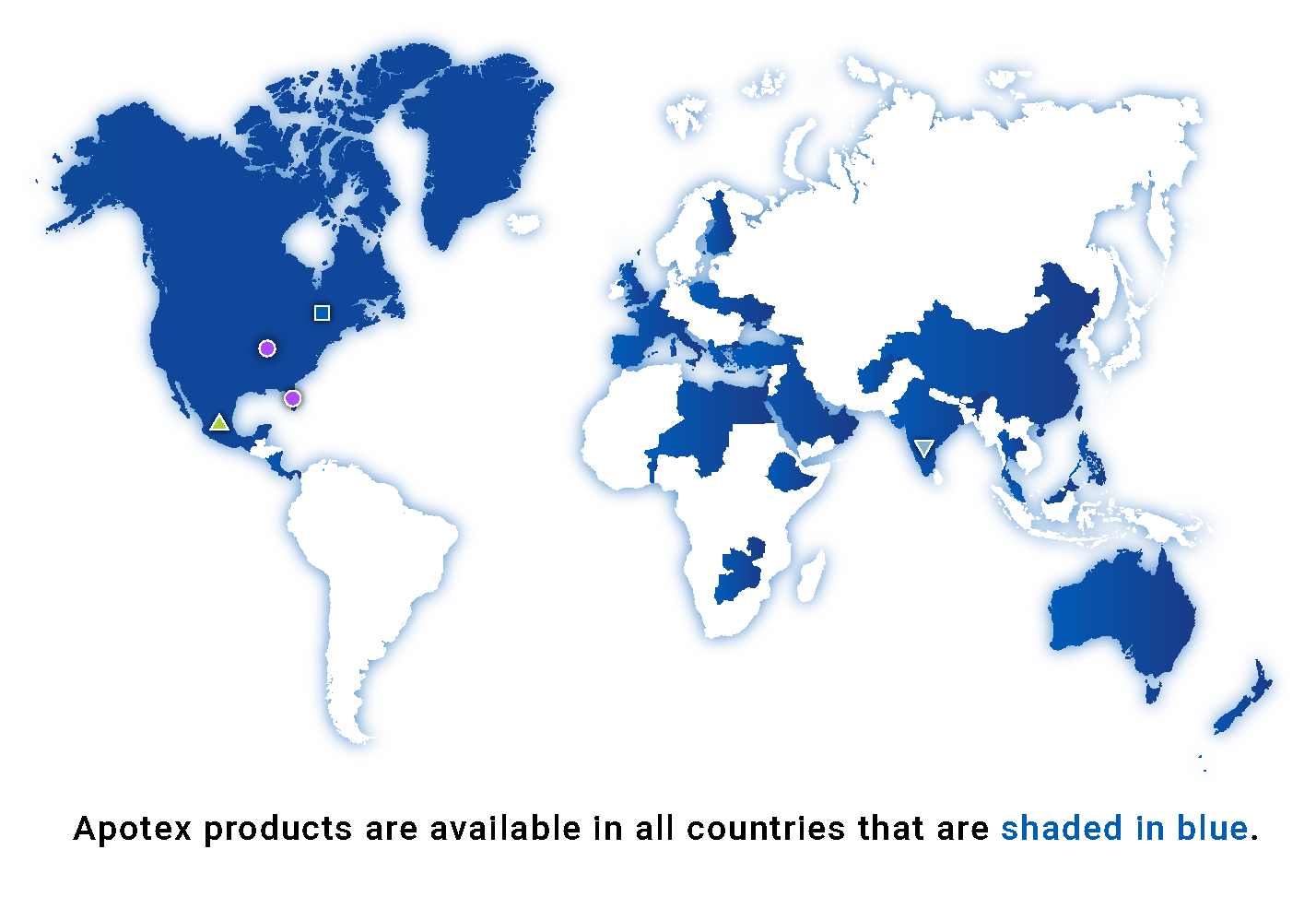 World map - Apotex products are available in all countries that are shaded in blue